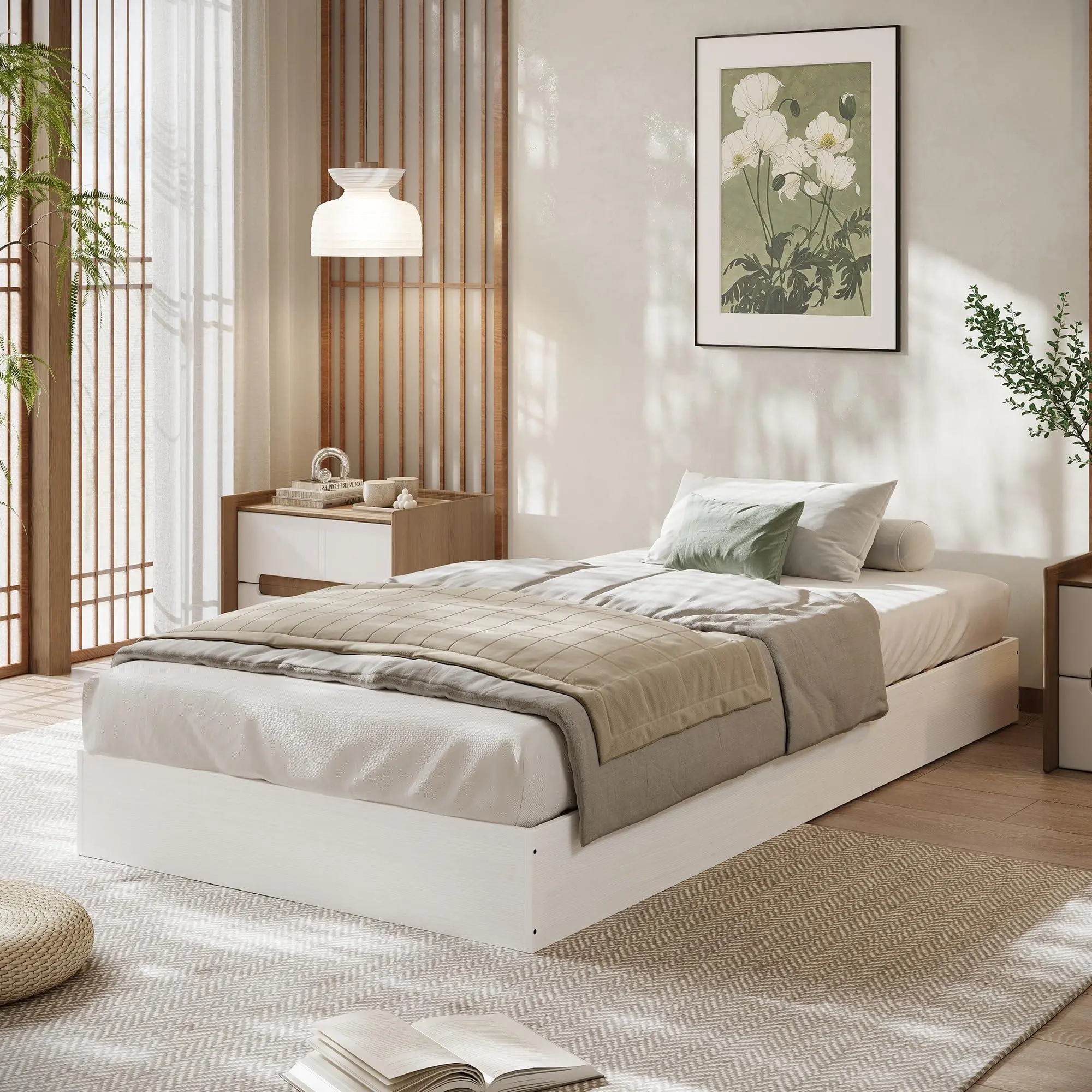 Twin-XL Size Wood Platform Bed Frame, Floor-Standing No-Gap Design, Modern Minimalist No Headboard Bed Frame, Wood Slat Support, No Box Spring Needed, Easy Assembly, White
