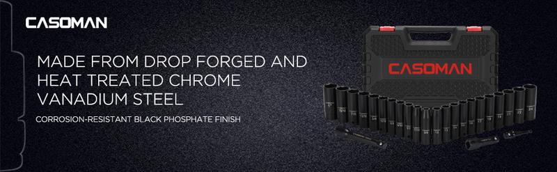 CASOMAN 25PCS 1/2" Drive Impact Socket Set, Deep, Cr-V Steel, 6 Point, Metric&SAE, 12mm to 24mm, 3/8 Inch to 1 Inch, Includes Extension Bars: 3-inch, 5-inch, 1/2-1/4 adapter