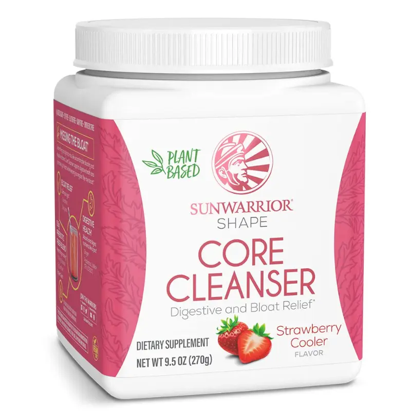 Sunwarrior Shape Core Cleanser Prebiotic Fiber Powder - Sunfiber, Digestive Enzymes, Dandelion + Ginger, Strawberry Cooler, 30 Servings, Sugar Free, Gluten Free, Clean, No Synthetics, Bloating Reduction Gut Support Supplement
