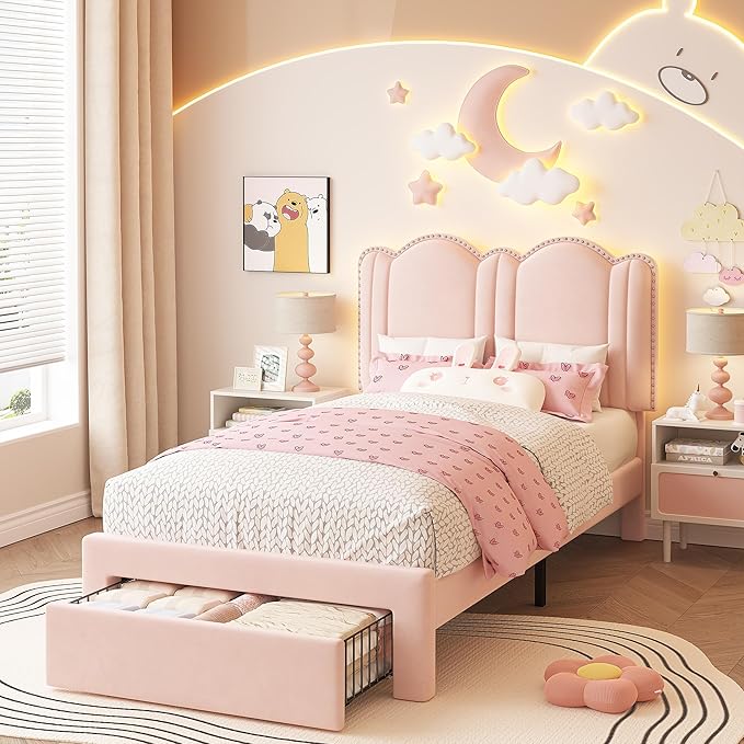 Raybee Furniture Pricess Bed Frame with Led Light, Elegant bed Frame with Headboard Adjustable, Upholstered Bed Frame, No Box Spring Needed