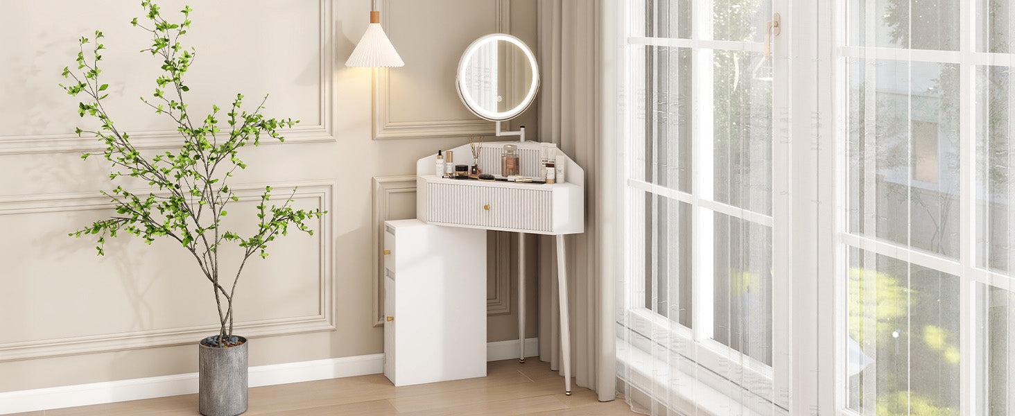 Corner Makeup Vanity Desk with Retractable and Rotating Mirror and Lights Small Modern White Makeup Vanity Set with Glass Top for Women Compact Girls Dressing Table with Drawer for Small Space MVD8004