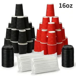 16oz Insulated Ripple Paper Coffee Cups with Lids & Straws 100 Pack, Disposable Hot Beverage Cups for Home Daily Use