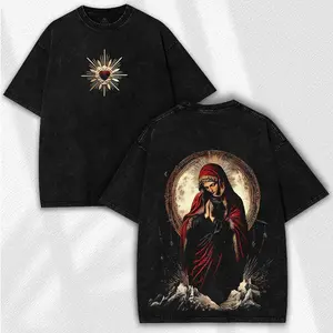 Sacred Heart Washed Tee: Vintage Christian Streetwear - Virgin Mary Prayer Icon Art Valentine's Day gift
