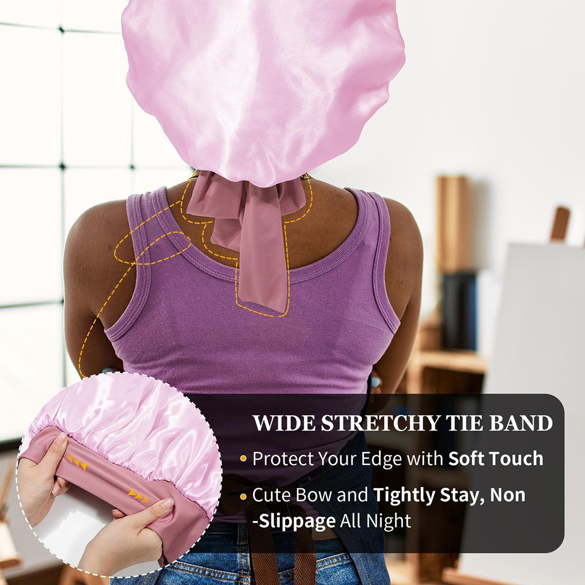 AWAYTR Women's Pink Nightcap Elastic Adjustable Shower Cap Satin Sleeping Hat With Tie Band Double Layered Hair Care Hat Headwrap