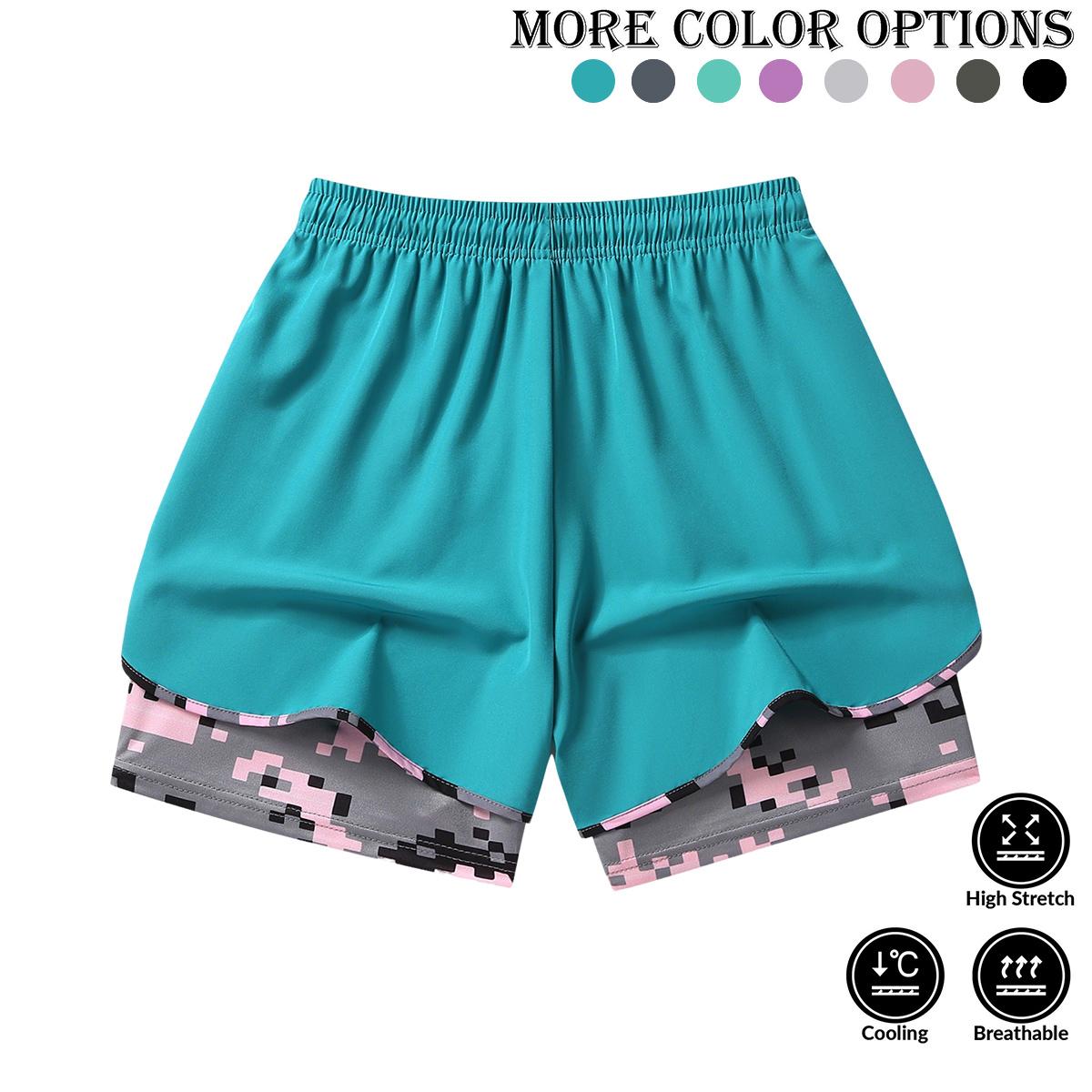Women’s summer casual athletic shorts featuring a two-piece layered design with camouflage print, suitable for running and everyday workouts