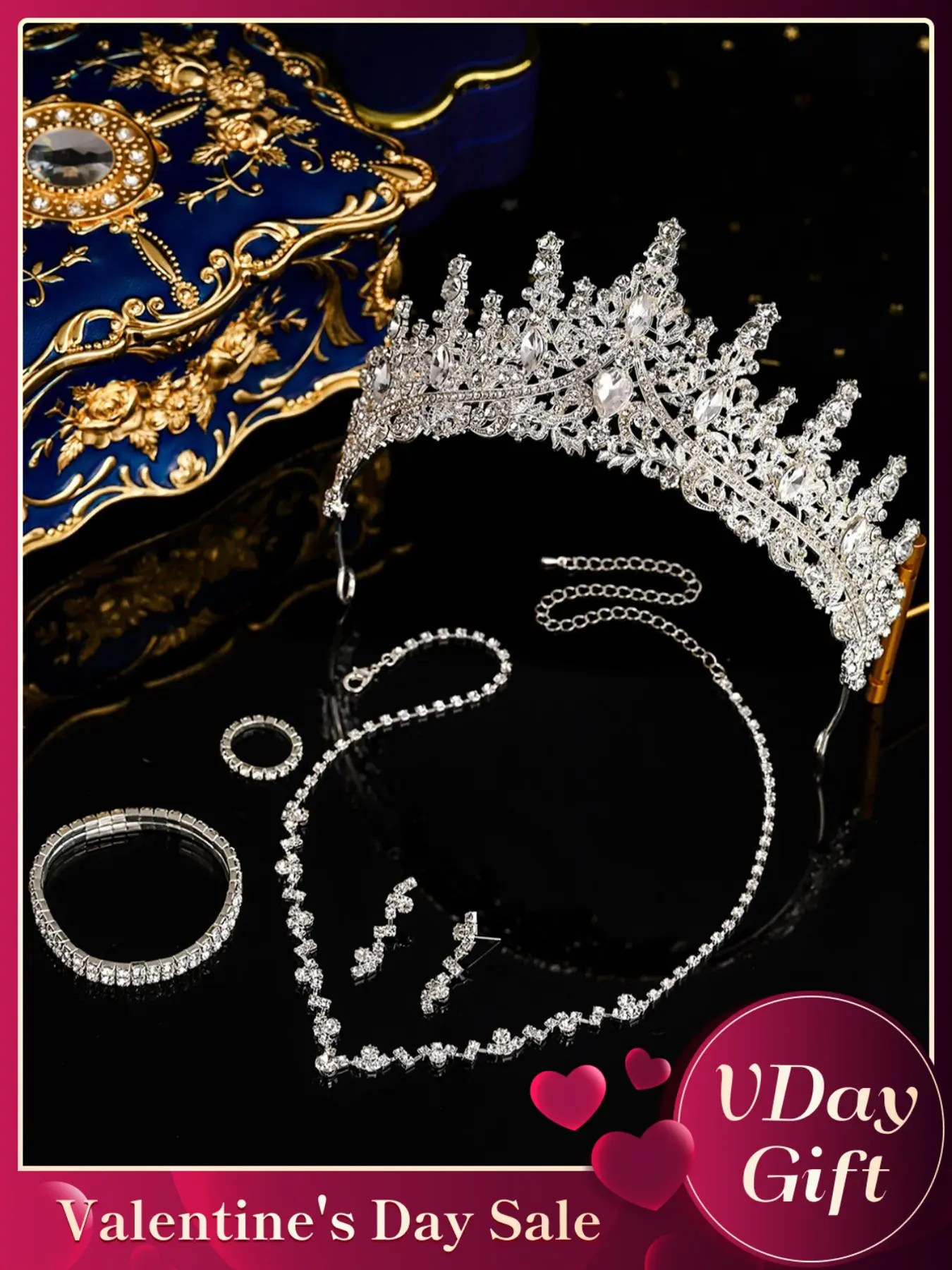 Elegant Rhinestone Decorated Crown & Necklace & Ring & Earrings & Bracelet, Wedding Bridal Jewelry Set, Fashion Accessories Styling for Party Decoration, Daily Clothing Decor, Elegant Crown Design, Jewellery