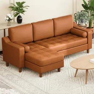 Garvee 88.9" L-Shape Sofa with Convertible Chaise, Sectional Leather or Faux Leather Sofa, Deep Seat, Mid-Century Modern Style, 3-Seater Modular Sectional Couch for Living Room, Available in Cognac Tan and Green