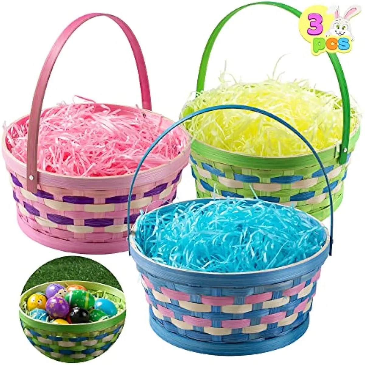 3 Pcs Easter Bamboo Baskets with Tricolor Grass Paper Shred for Kids, Easter Eggs Hunting Bucket Wicker Woven Candy Toys Storage Baskets with Handle for Picnic, Party Favors Decor(11.1"X9.7")