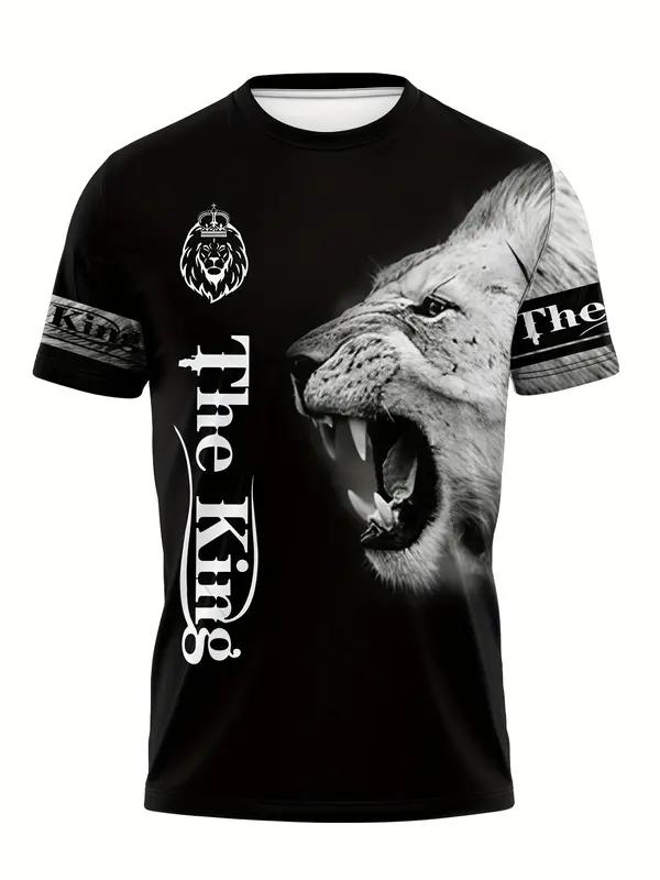 Men's Stylish 3D Lion Print Set Street Trendy Cool Style Fitness And Casual Two-Piece Set