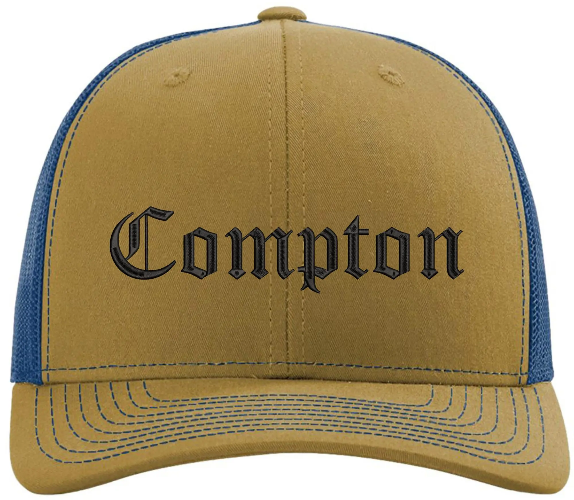 Compton Old English Embroidered Trucker Hat - Unisex Classic Deluxe Snapback, Cotton-Poly, 100% Polyester Mesh, Breathable, Adjustable, Streetwear Fashion Casual Cap, Ideal for Father's Day, College