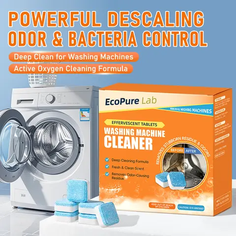 EcoPure Lab Washing Machine Cleaner Tablets - Septic-Safe Eco-Friendly Unscented Descaler Cleaning Formula for Household HE Front/Top Load Washers, Washer Care for Inside Drum & Tub Seal Fresh, 12-Month Supply