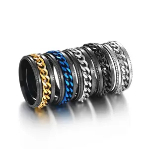 Multi Color Rotatable Chain Fidget Rings Titanium Steel Embossed Unisex Hip Hop Rings With Bottle Opener