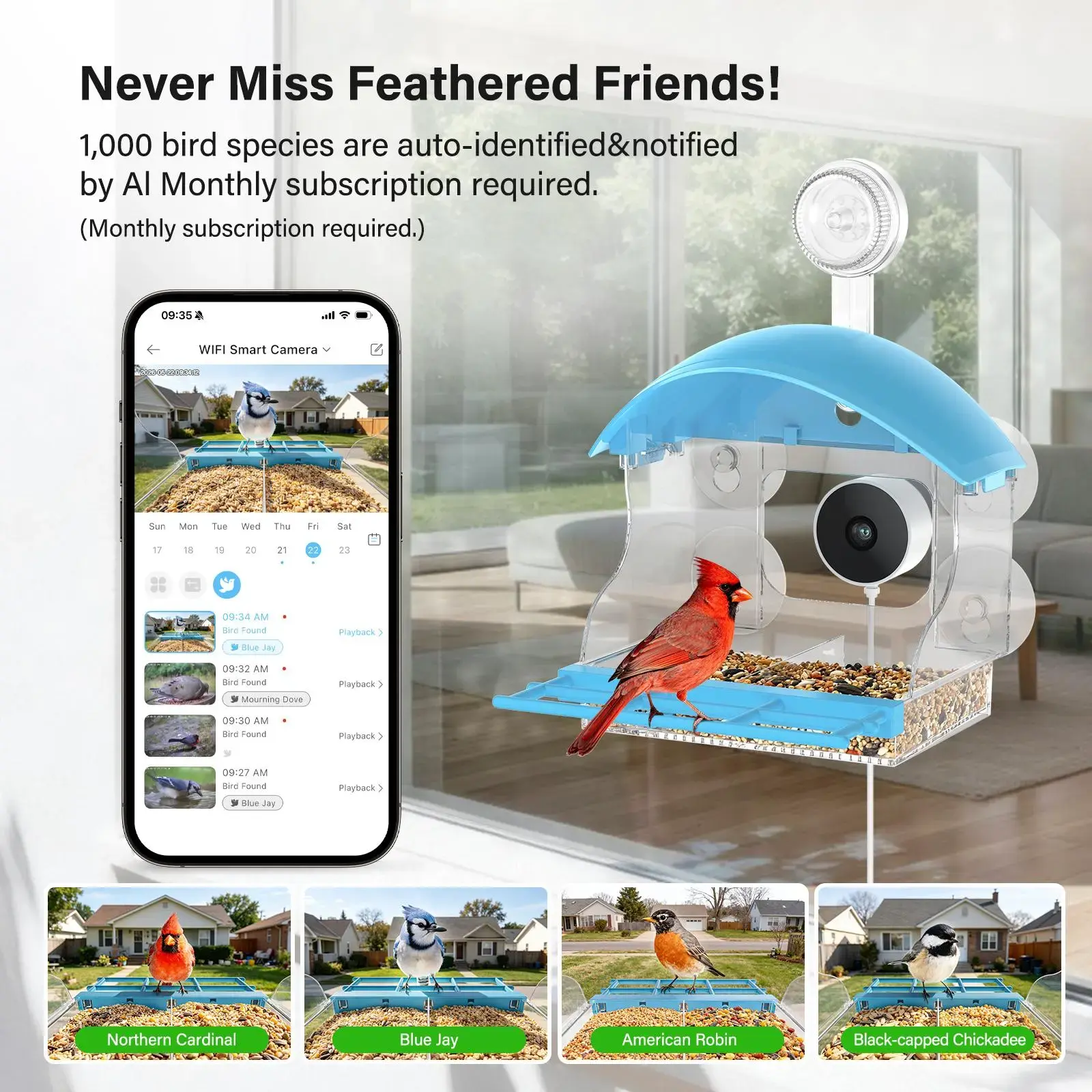 Bird Feeder with Camera for Bird Watching,2K Live Video,AI Bird Identification,Instant Arrival Alerts,Support 2.4G/5G WiFi,Featuring 5 Strong Suction Cups