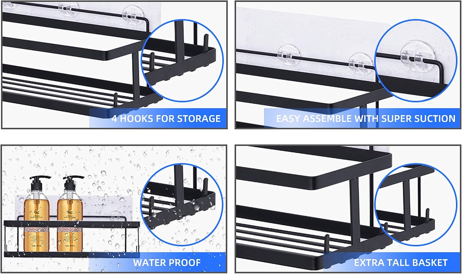 6 Pack Bathroom Adhesive Shower Shelves for Tile Wall Toiletry Kitchen Organizer and Large Capacity Bathtub Essentials Wall Rack Suction