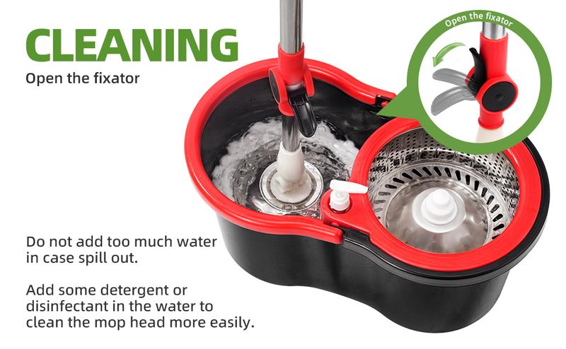 Spin Mop Bucket with Wringer Set Operable 360° Rotating Mop Bucket Set with 3 Microfiber Replacement Heads Stainless Steel 49 Inch Adjustable Handle Household Cleaning Tools Black Plastic