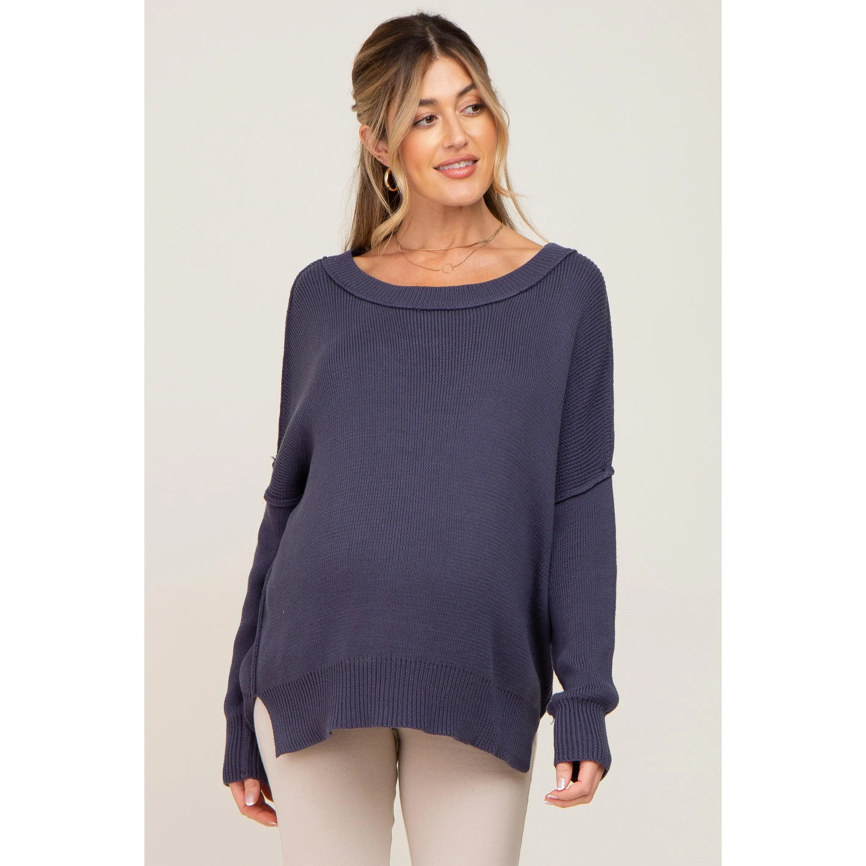 Navy Exposed Seam Side Slit Maternity Sweater