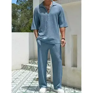 2025 Europe and the United States spring new commuter men's casual shirt solid color half sleeve trousers two-piece suit