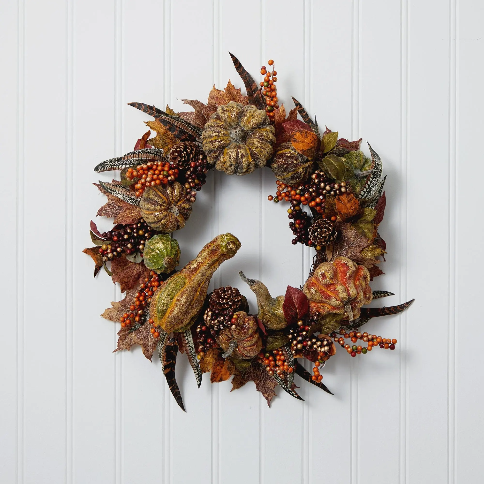28-in Dark Rich Autumn Synthetic Door Wreath - Hanging Wreath with Faux Leaves, Autumn Fruits, Brushed Gold Look, Long-Lasting Holiday Home Decor, Front Door Accent, Pumpkin Wall Hanging
