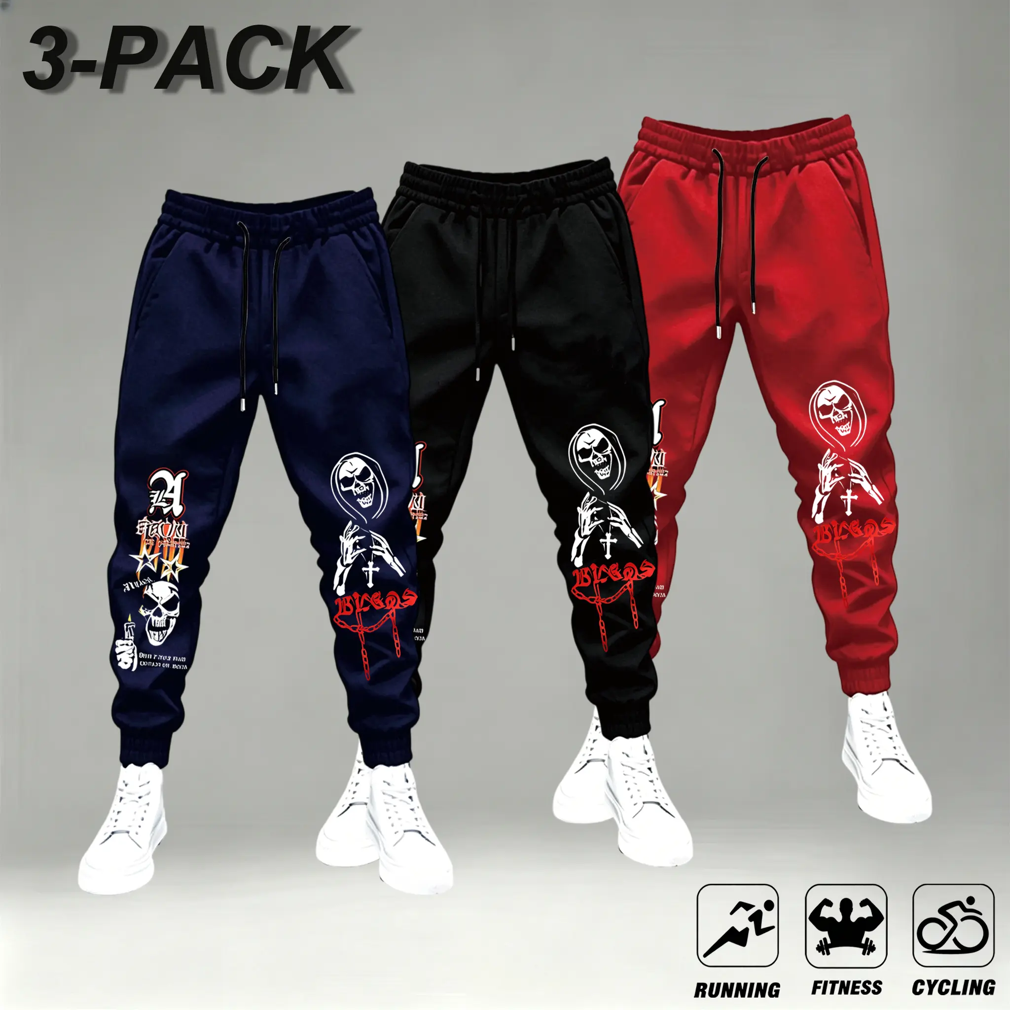 Men's 3-Pack Dark Gothic Skull Print Cuffed Sweatpants - Navy, Black, Red - Adjustable Drawcord Elastic Waist, Loose Fitting - Ideal for Fitness Sports, Hip Hop Streetwear Daily Outfits - Male Wear Comfortable Stylish Joggers