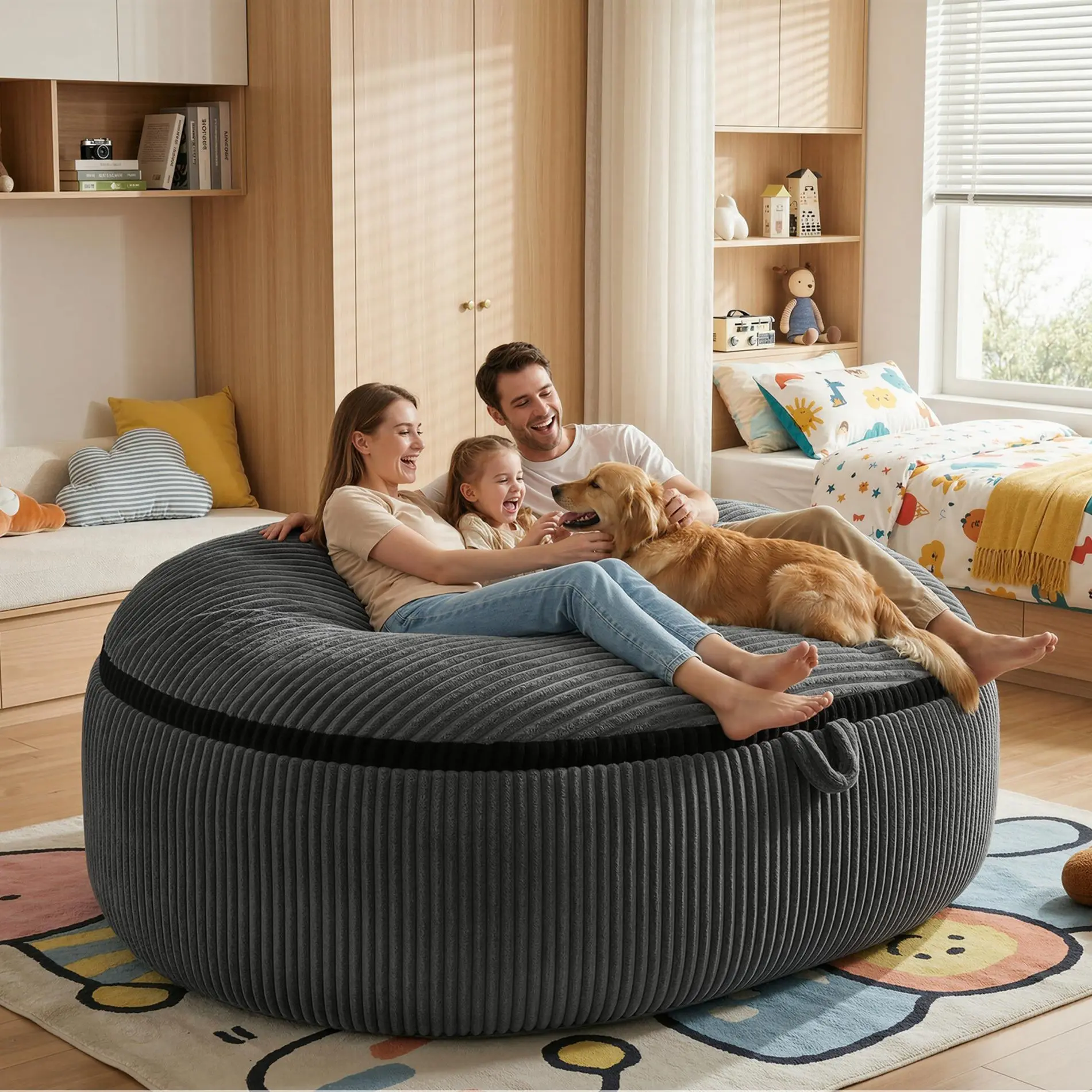 LIKIMIO 5/8FT Giant Memory Foam Beanbag Lazy Sofa - Family Bubble Couch for Living Room & Home Office, Sturdy Indoor Furniture with Machine-Washable Removable Flannel Cover (Grey)