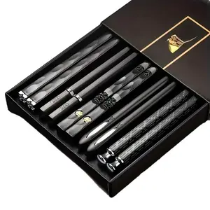 5 Pair Japanese Style Black Non-Slip Food Grade Alloy Chopsticks Cutlery Tableware (9.5-Inch) with Reusable Design Modern Kitchen Kitchenware Home