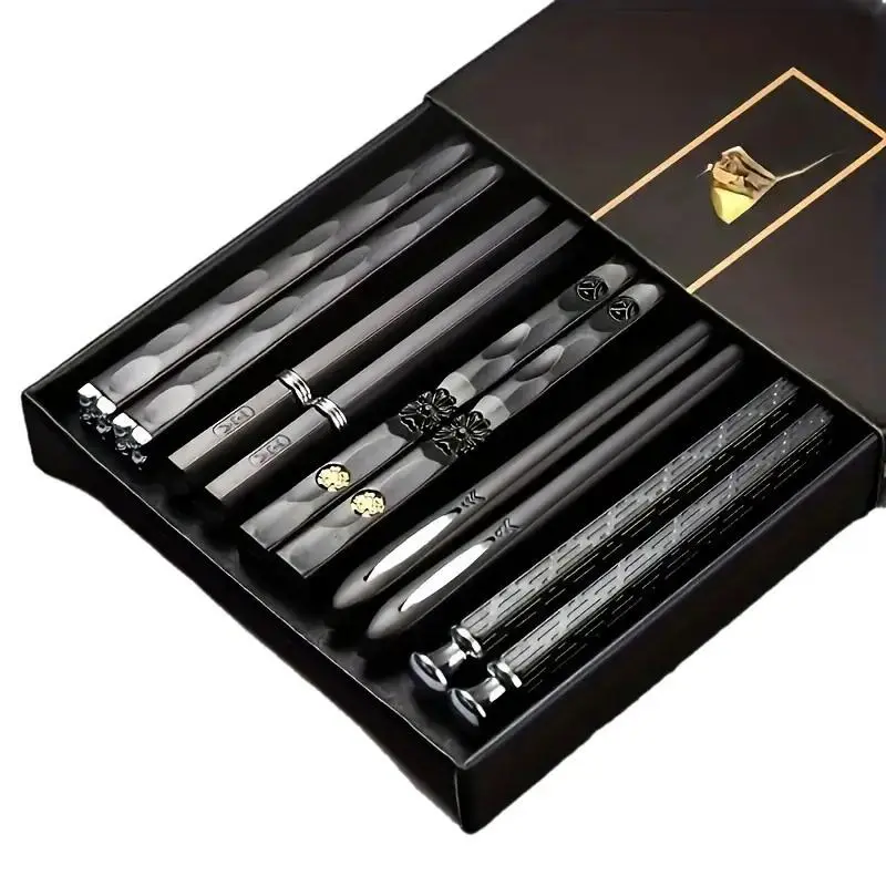 5 Pair Japanese Style Black Non-Slip Food Grade Alloy Chopsticks Cutlery Tableware (9.5-Inch) with Reusable Design Modern Kitchen Kitchenware Home