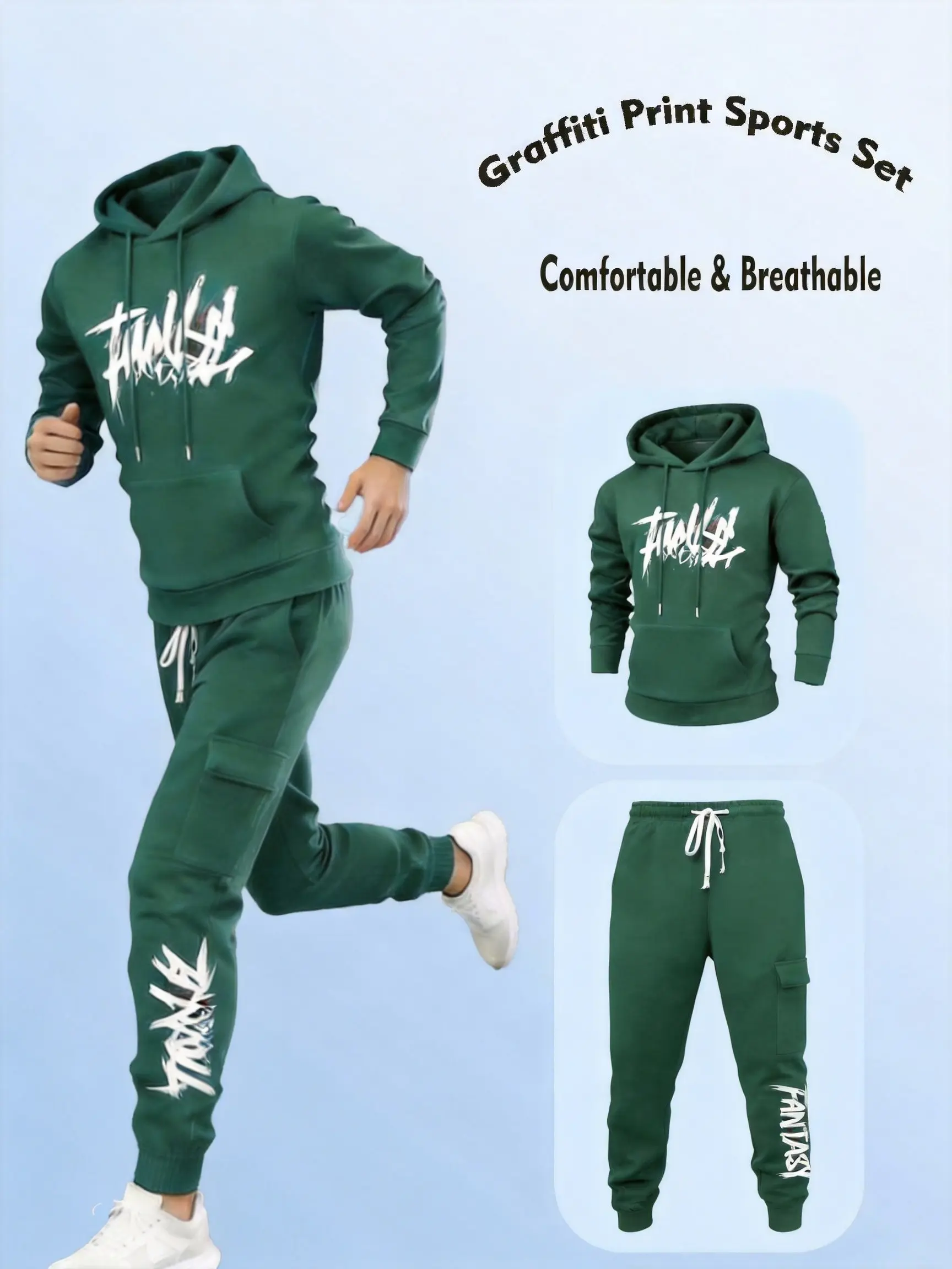 Men's 2-Piece Menswear Matching Clothing Set - Long Sleeve Hoodie & Cargo Joggers, Graffiti Print, Cargo Pockets, Casual Lounge Outfit, Casual Lounge Set