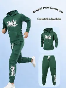 Men's 2-Piece Streetwear Set (Hoodie & Cargo Joggers) - Graffiti Print & Cargo Pocket, Casual Stylish Outfit