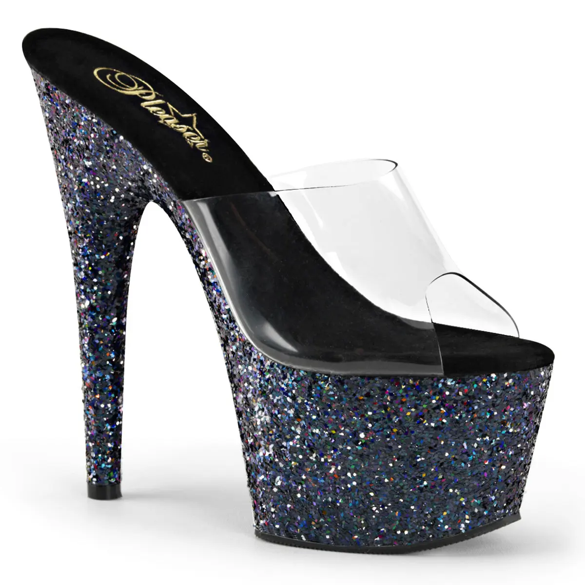 Pleaser Women's Adore-701LG Clear/Black Hologram Glitter Platform Slide Sandals, 7" Stiletto Heel Nightout Shoes, High Heels, Slip On, Footwear, Holographic