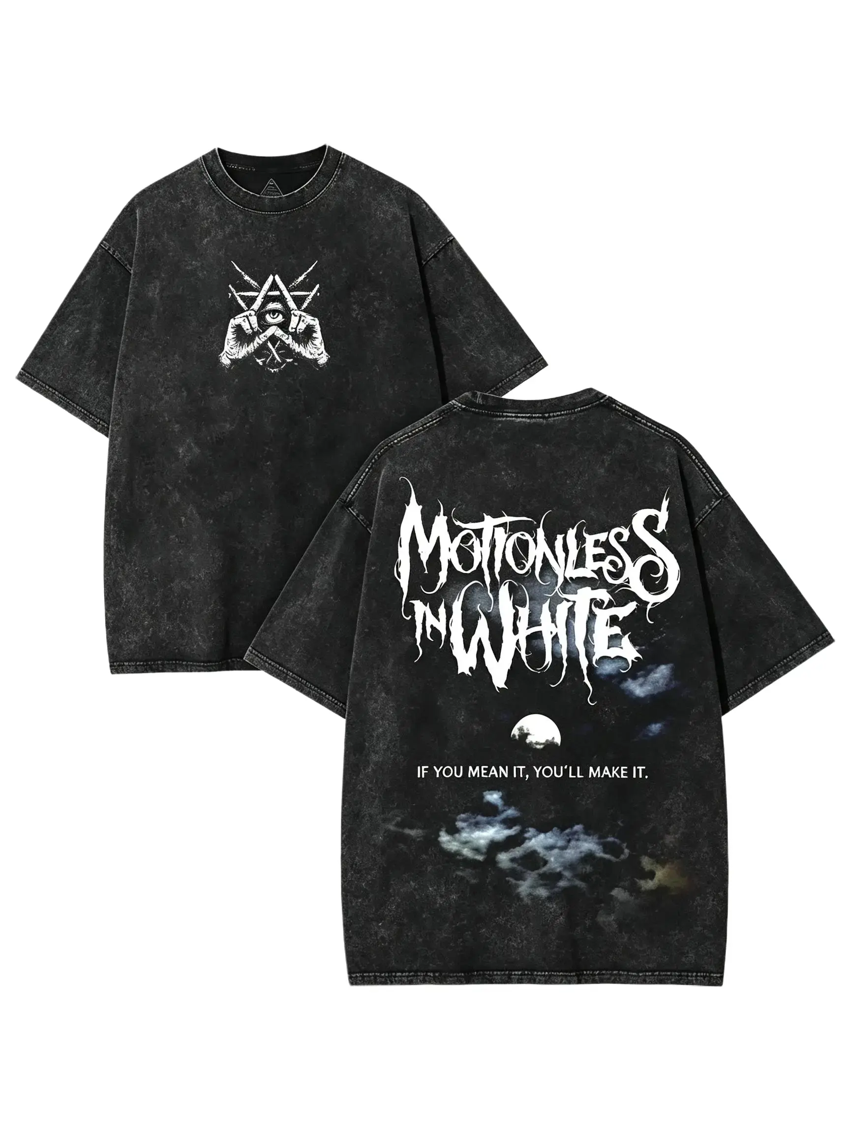 Motionless In White Washed Tee: Gothic Vintage Streetwear Dark Style - Moon Night Graphic,Gothic Graphic Tee,Front Back Print Shirt,Metal Band Style Top,Oversized Short Sleeve,Dark Aesthetic Clothing,Design T-shirts,casual style graphic,jesus tshirt.