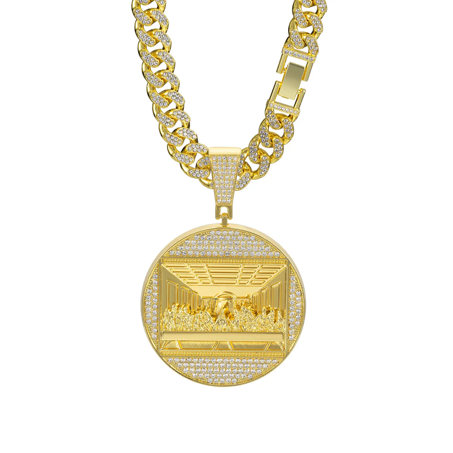 Last Supper Round Pendant Necklace, 13MM Rhinestone Paved Ice Grid Cuban Chain, Hip Hop Gothic Religious Christian Jewelry for Men Women, Rapper Style Charm, Tennis Chain Option, Birthday Halloween Christmas Gift for Him