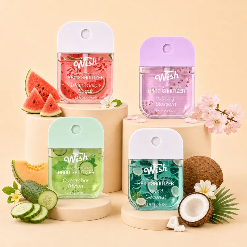 【Summer Edition】Wish Refreshing Hand Sanitizer Spray 4-Pack, 1.2 fl oz Each – Watermelon Sugar, Cherry Blossom, Island Coconut & Cucumber Melon, Moisturizer, Hydrate