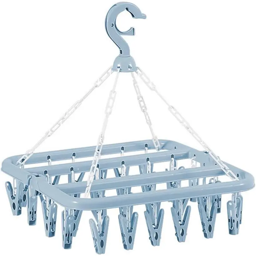 Plastic Folding Laundry Organiser Hanger with 32 Clips, Adjustable Stocking Hanger with Hook, Scandinavian Blue Hanging Drying Rack, Plastic Folding Hangers