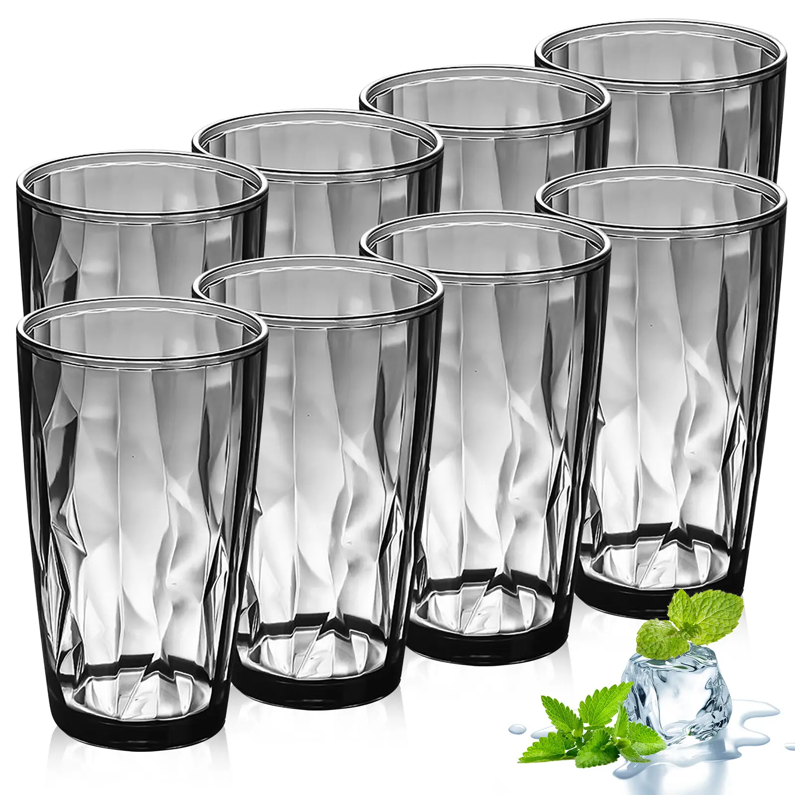 8-Pack 16-oz Drinking Tumblers, BPA-Free Shatterproof Stackable Grey Plastic Tumbler Cups, Dishwasher-Safe Transparent Durable Kitchen Drinkware, Drinking Glass Tumbler
