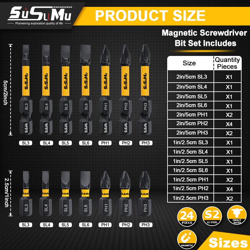 【Clearance Sale】24-Piece Black Phosphated Screwdriver Bit Set | Impact-Resistant Magnetic Bits | Square-Slot Hex Shank & Flat-Head Slotted | Yellow Rubber Sleeve — Auto & DIY High-Strength Tool Kit. Screwdriver Set pc Portable detachable Precision quick