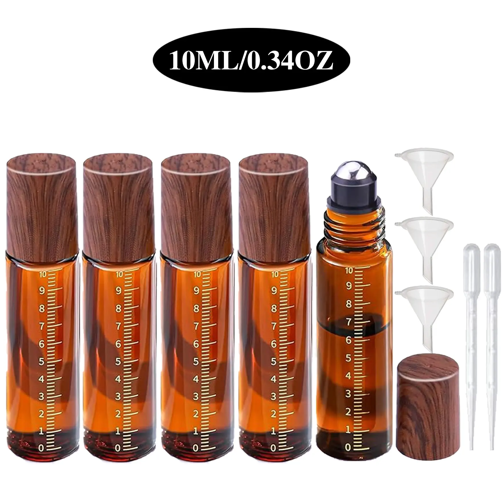 5PCS 10ML REFILLABLE GRADUATED ROLLER BOTTLES (FOR PERFUME & OILS), AMBER GLASS, LEAK-PROOF, WITH STEEL BALLS, WOOD-GRAIN CAPS, DROPPER & FUNNEL, REFILLABLE TRAVEL BOTTLES, STORAGE BOTTLES, Glass Bottles Set