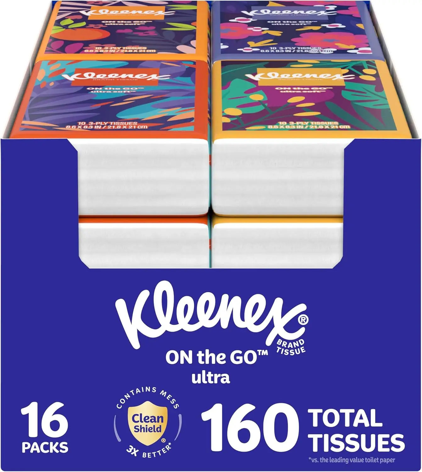Kleenex On-The-Go Facial Tissues, 16 On-The-Go Packs, 10 per Box, 3-Ply (160 Total), Packaging May Vary