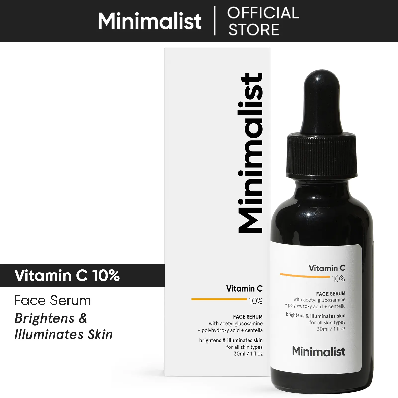 Minimalist 10% Vitamin C Skin Brightening Face Serum for Glowing Skin | Reduces Dark Spots & Protects Against Sun Damage | For Women and Men | 1 Fl Oz/ 30 ml