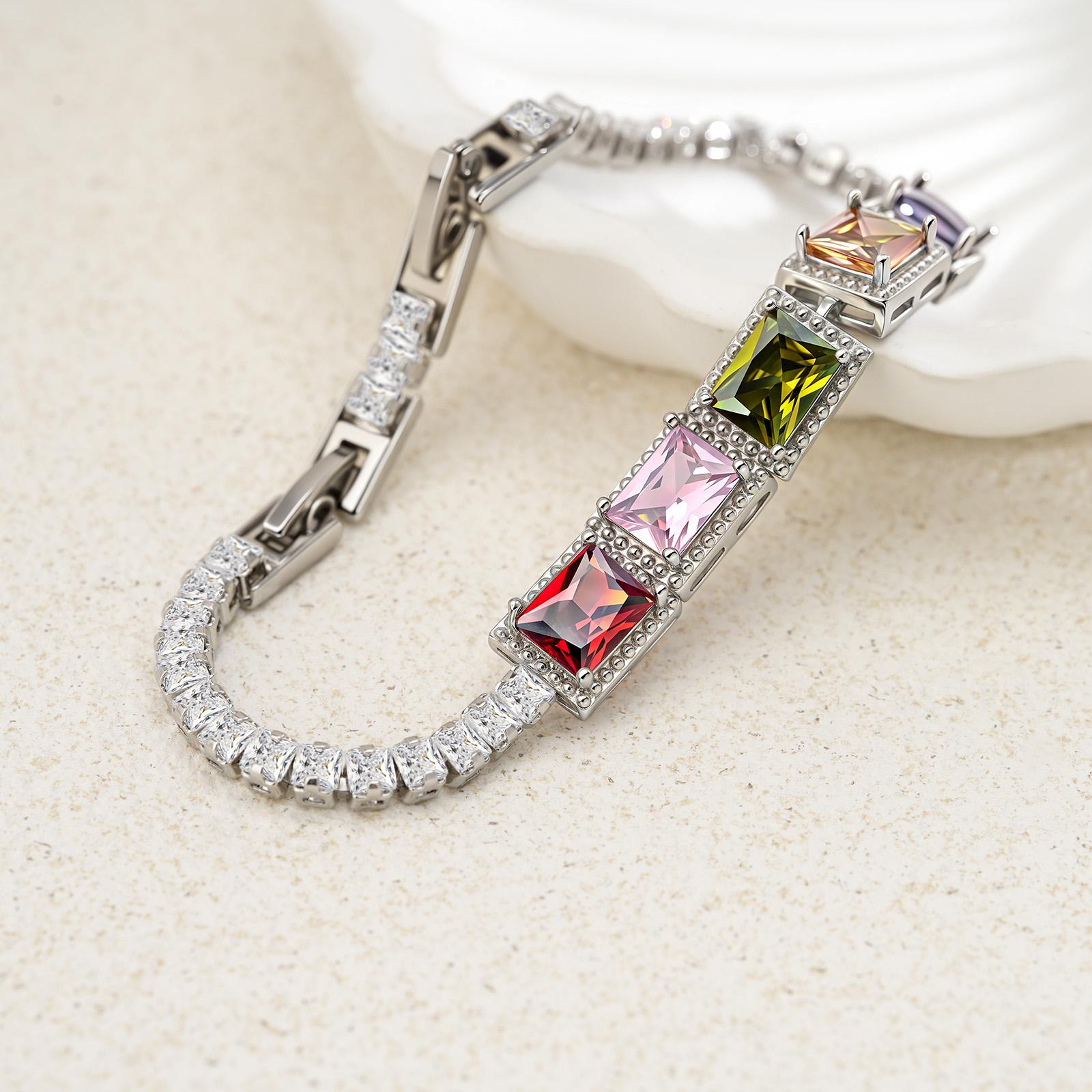 Colorful Cubic Zirconia Tennis Bracelet for Women – Multi-Color 5A CZ Stones, Fold Over Clasp, 7.6'' Elegant Sparkling Jewelry Gift Colorful Cubic Zirconia Tennis Bracelet for Women – Multi-Color 5A CZ Stones, Fold Over Clasp, 7.6'' Elegant Sparkling Jewelry Gift