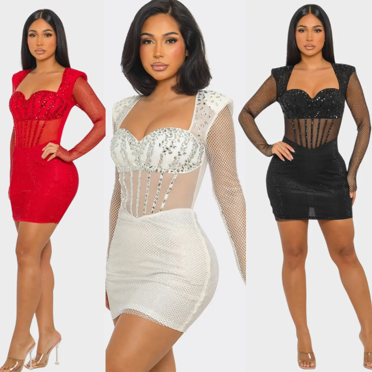Midnight Temptress Rhinestone Mesh Corset Mini Dress – Black & Red | La Belle Gina Boutique