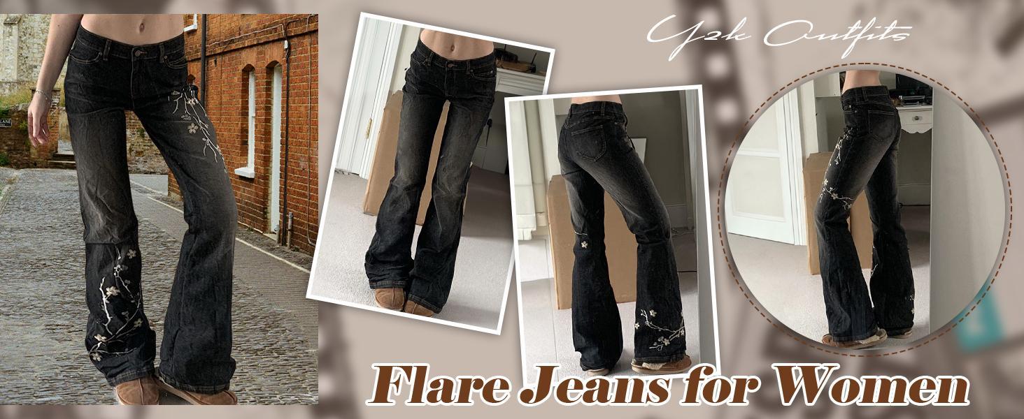 Emmiol Women’s Embroidered Bell Bottom Jeans – Stretchy Flared Mid-Rise Vintage Denim, 90s Y2K Retro Jeans with Floral Embroidery, Soft Stretch Fabric, and High-Comfort Fit