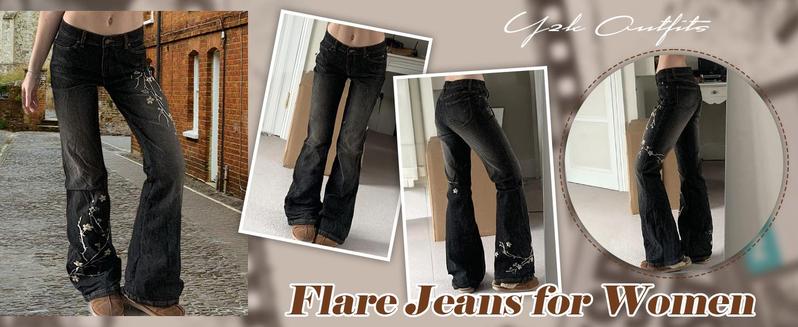 Emmiol Women’s Embroidered Bell Bottom Jeans – Stretchy Flared Mid-Rise Vintage Denim, 90s Y2K Retro Jeans with Floral Embroidery, Soft Stretch Fabric, and High-Comfort Fit