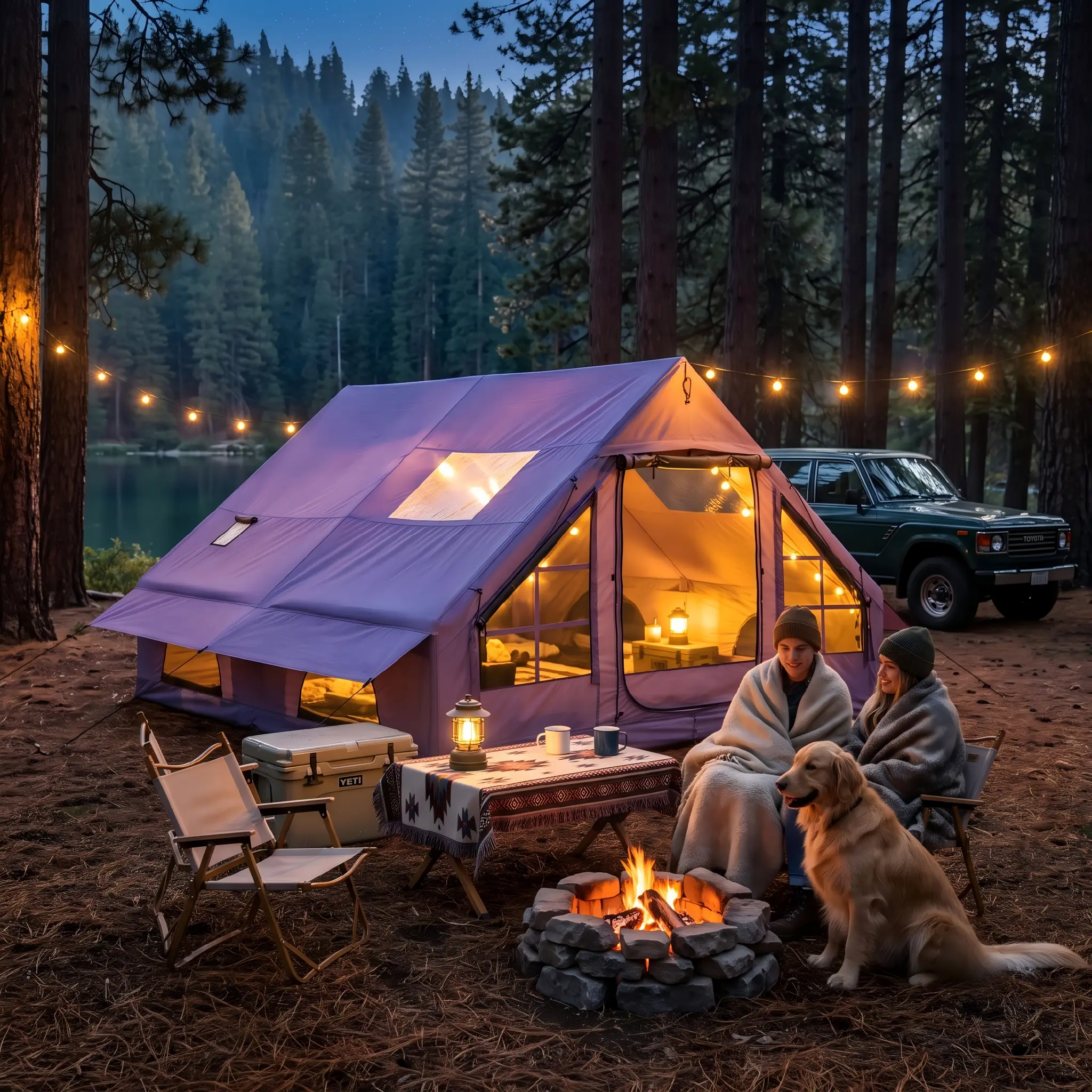 SENLEETO 420D Oxford Glamping Tent - 6-8 Person Warm 4-Season Heavy-Duty Instant Tents for Camping, Windproof Foldable Pop-Up Outdoor Shelter, A/C Port, Sun Protection Luxury Option, Outdoor Shelter Tent, Inflatable Tent