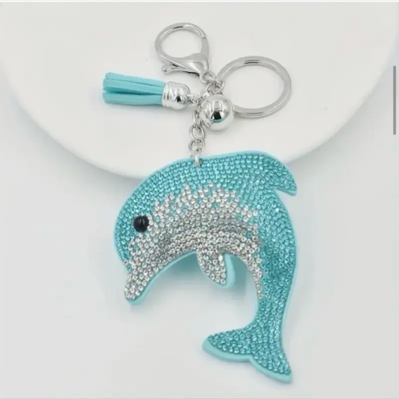 Turquoise Rhinestone Dolphin Keychain with Tassel