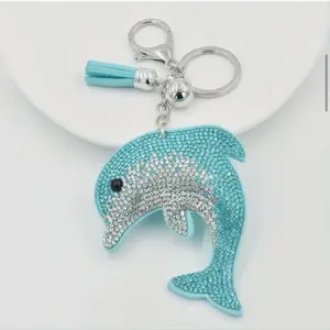 Turquoise Rhinestone Dolphin Keychain with Tassel
