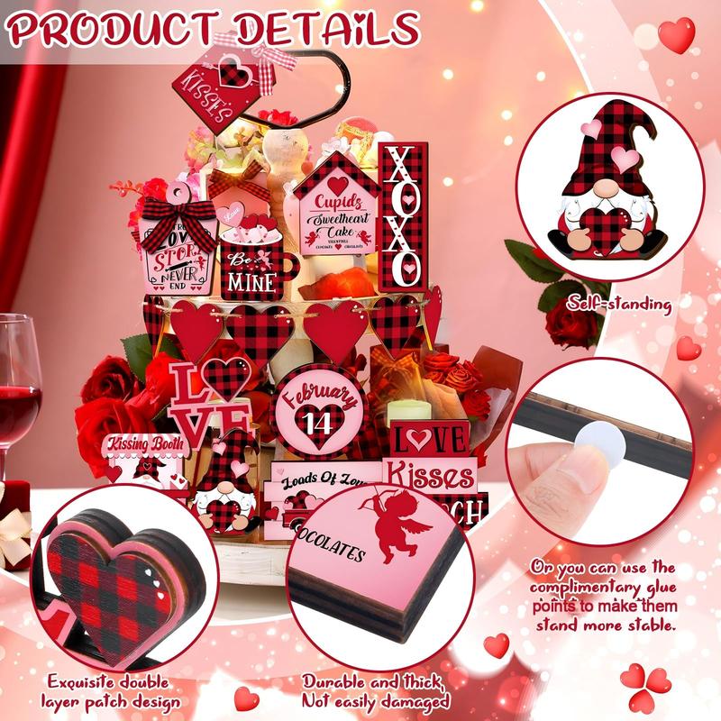 Valentine's Day Wooden Tiered Tray Decor 20 Pcs without Tray, Gnome Love Letter Dwarf Car Design Table Decor Wooden Ornament Desktop Tabletop Centerpiece Romantic Decor for Anniversary Wedding Party Room Bedroom Kitchen Home Valentines Gift