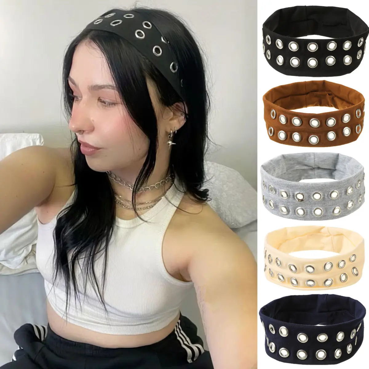 AWAYTR Fashion Grommet Wide Headbands for Women Hollow Out Elastic Head Bands Y2k Girls Punk Grunge Stretchy Hair band Hair Accessories