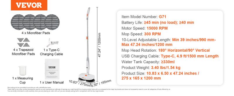 VEVOR Cordless Electric Mop Sweeper, Electric Spin Mop with Water Tank, up to 40 mins Battery, LED Headlight, Dual Mop Heads, 4 Microfiber Pads & 4 Trapezoid Microfiber Pads, for Hardwood/Tile Floor