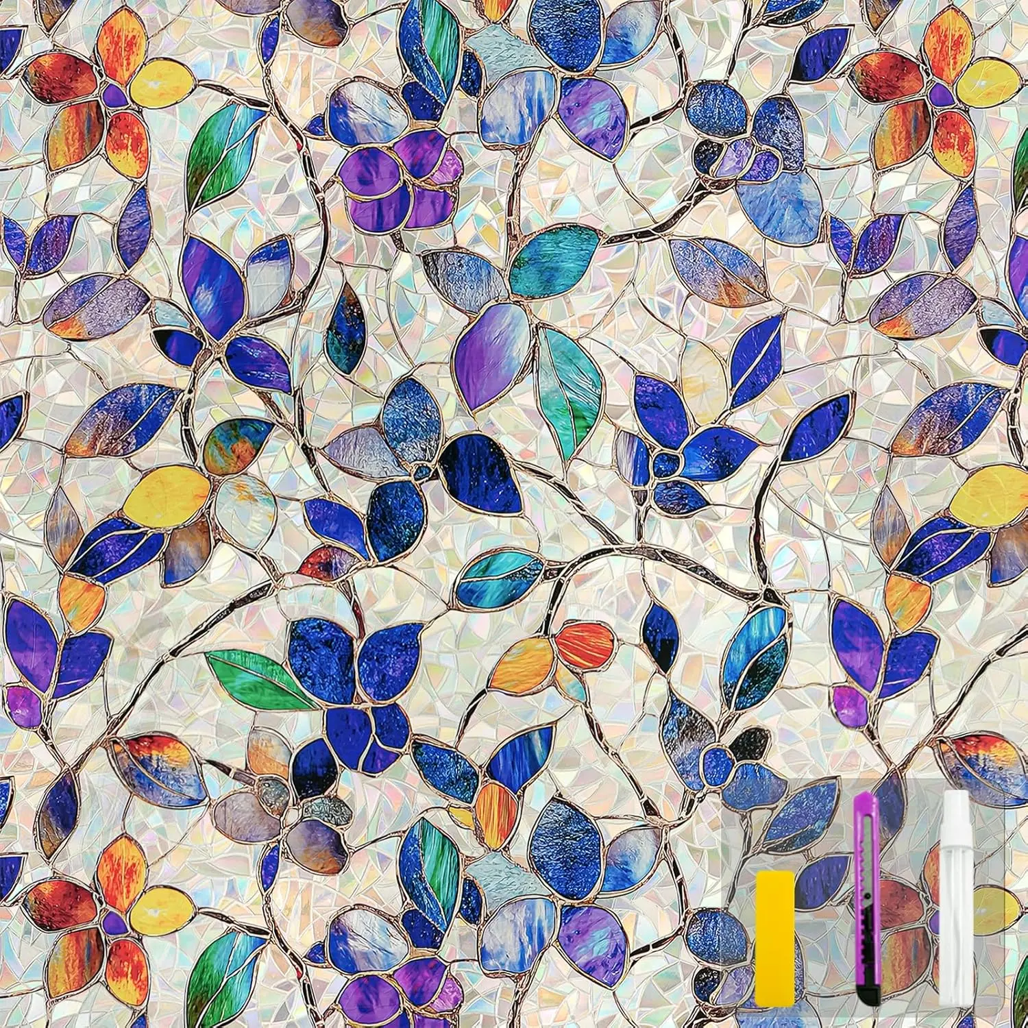 Window Privacy Film with Installation Tools Home Decorative Colored Glass Window Stickers Reusable electrostatic Rainbow Stickers (Stained Leaf, 17.5 x 78.7 in)