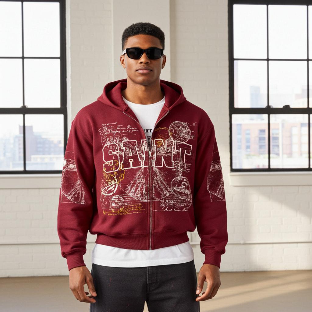 Sopula Studio Men's Saints Stamp Collage Vitruvian Man Vintage Art Graphic Zip Up Hoodie Casual Fall Streetwear SpringStatements